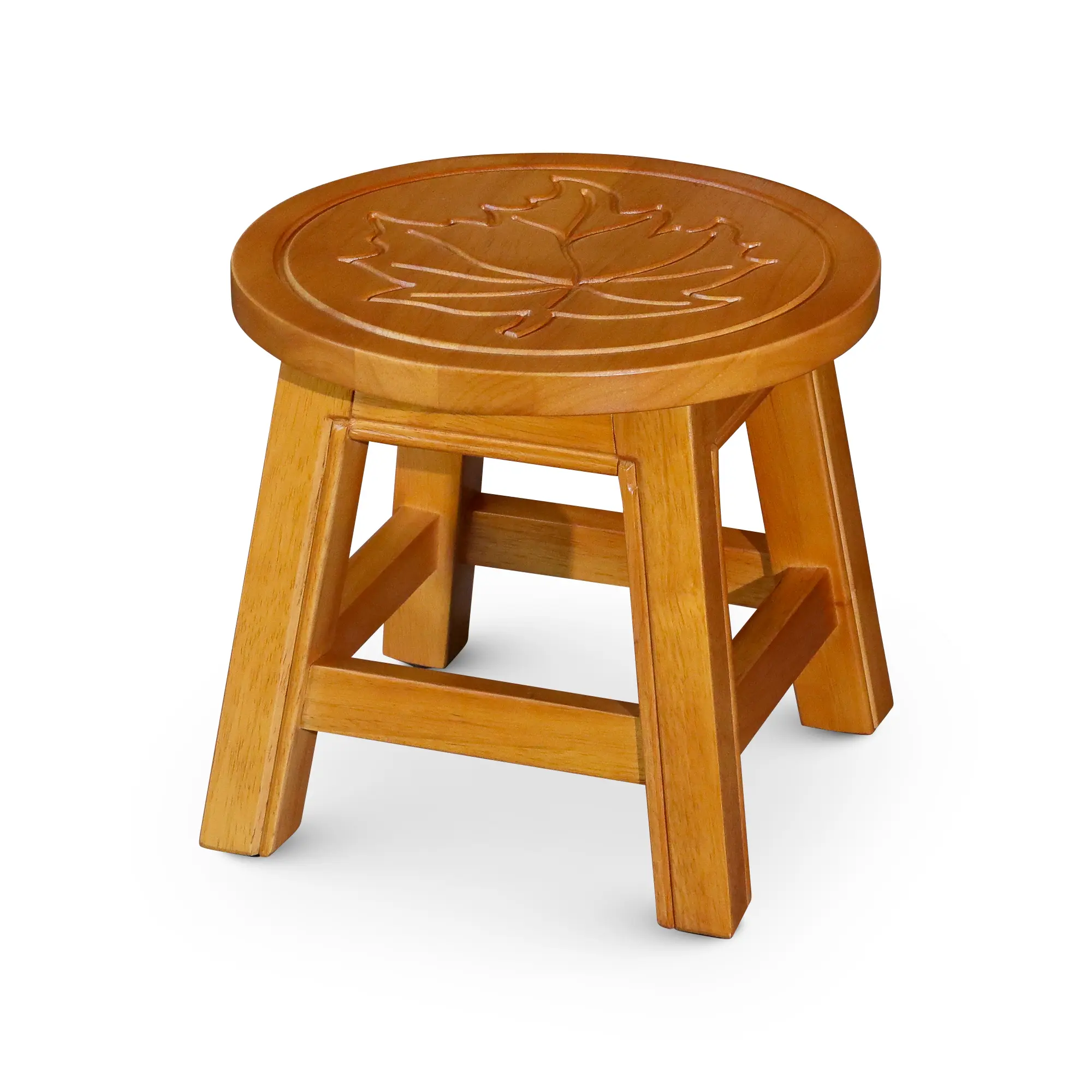 Nokaa Carved Wooden Step Stool Maple Leaf Design Natural Rubberwood Foot Stool for Indoor Use, Decorative Accent Stool for Living Room Bedroom Bathroom Kitchen, Compact 10-Inch Height, Multiple Finishes Available