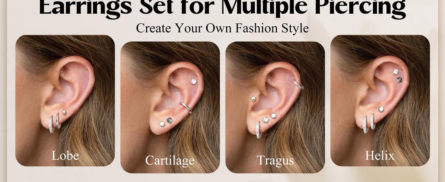 Jstyle Hypoallergenic Stud Hoop Earrings for Women Flat Back Cartilage Earrings Small Silver Hoops Surgical Stainless Steel Earring Trendy Earring Stacks Set Multiple Piercing Jewelry Gifts for Women
