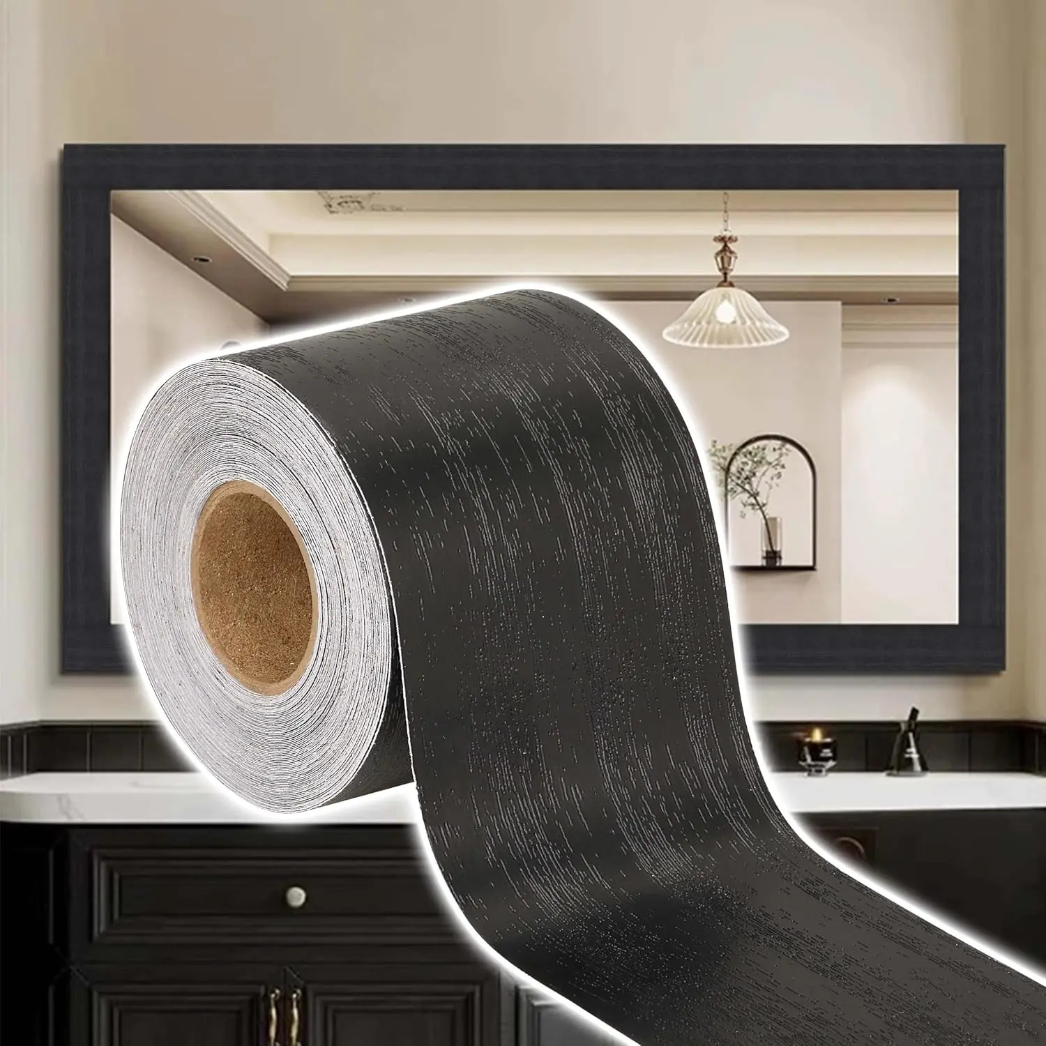 Removable PVC Peel and Stick Wood Grain Wallpaper Border Tape for Bathroom Mirror Frame Black 10M (2Inch x 33FT)