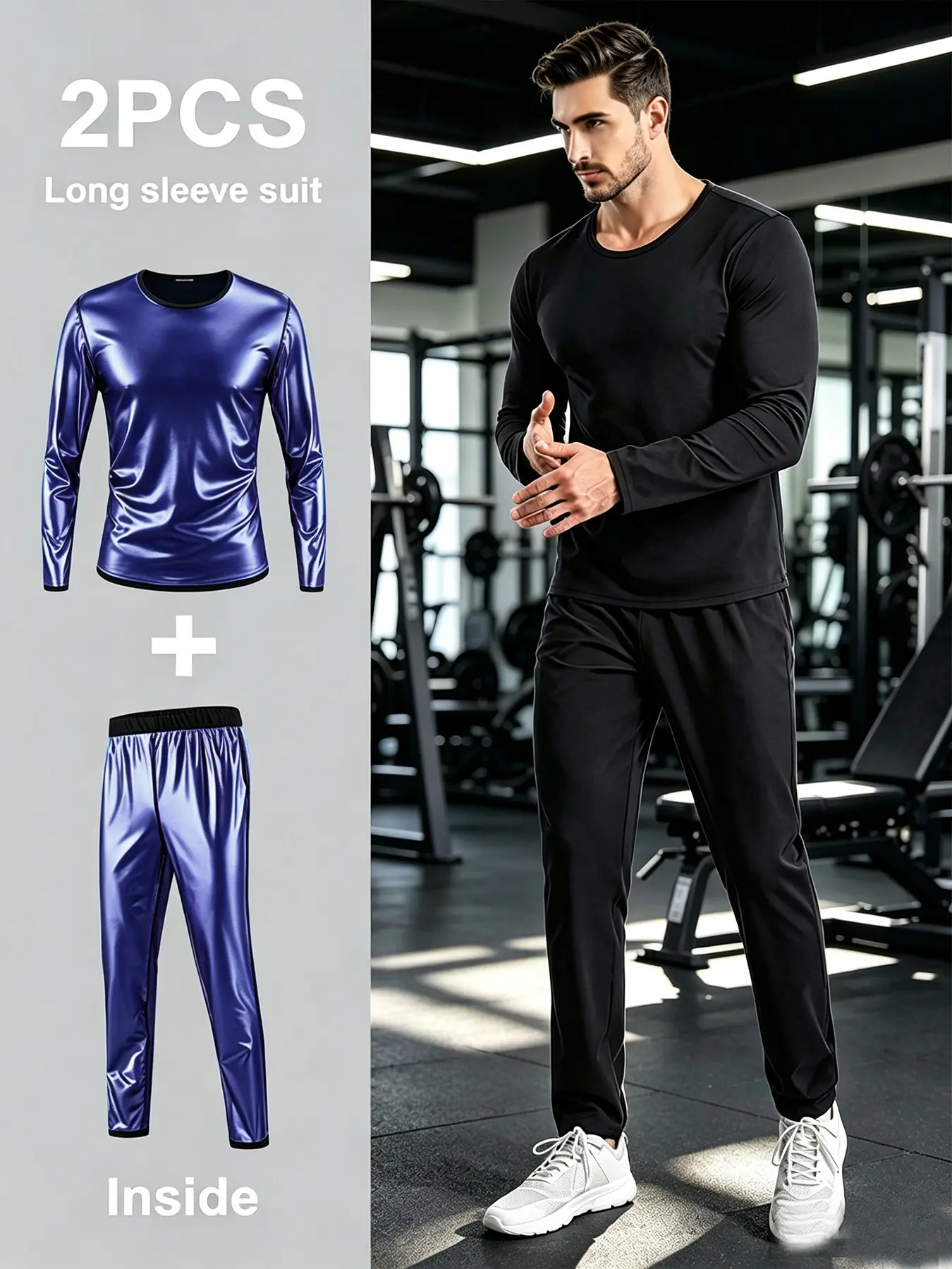 Men's Solid Long Sleeve Tee & Elastic Waist Pants Set, Round Neck Top & Trousers, Fitness Sportswear Set, Exercise Clothing Set for Gym Workout Running, Athletic Activewear Tracksuits
