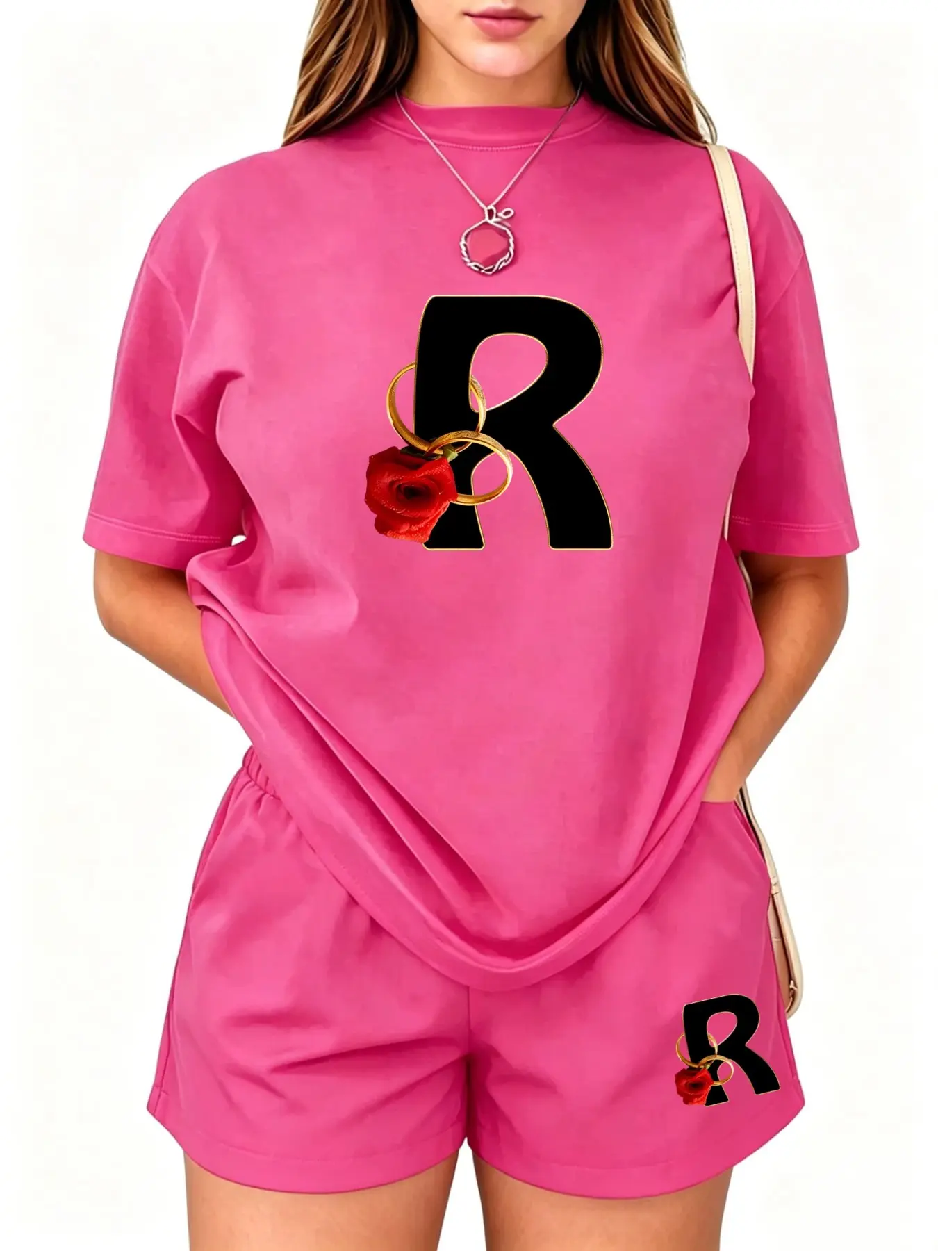 Women's Summer Casual Two-Piece Matching Set, Short Sleeve Shorts, Retro Letter Print, Breathable and Comfortable, Perfect for Daily Wear
