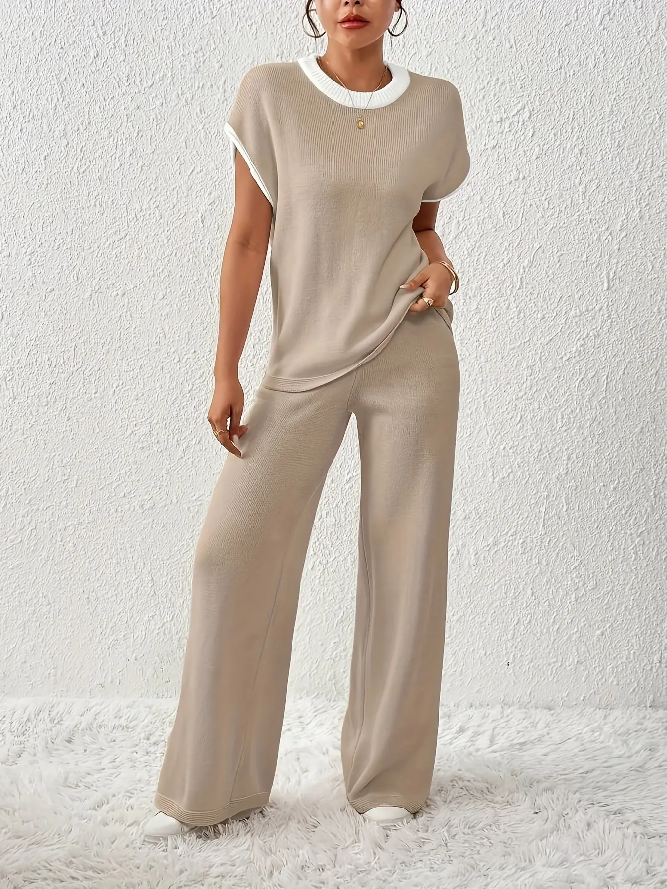 New Solid Color Versatile Round Neck Striped Knit Top and Straight Leg Pants Set, Slimming Sweater Two-Piece, Unique High-End Style Bottoms