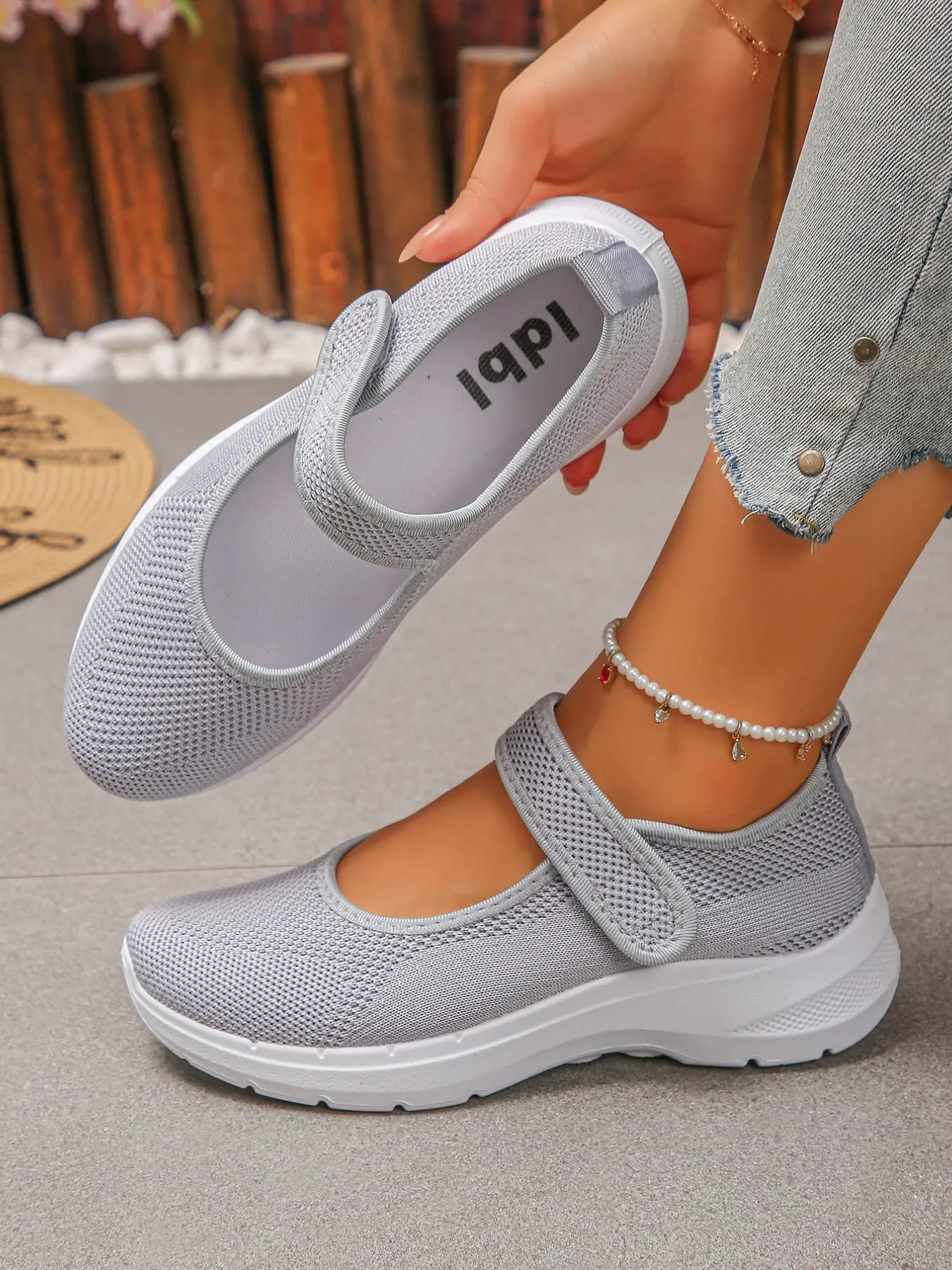 Women's Mary Jane Knit Casual Sneakers, Adjustable Hook‑and‑Loop Strap with Curved Chunky White Outsole, Easy‑wear Daily Footwear for Short Trips Grocery Shopping and Leisure Strolls