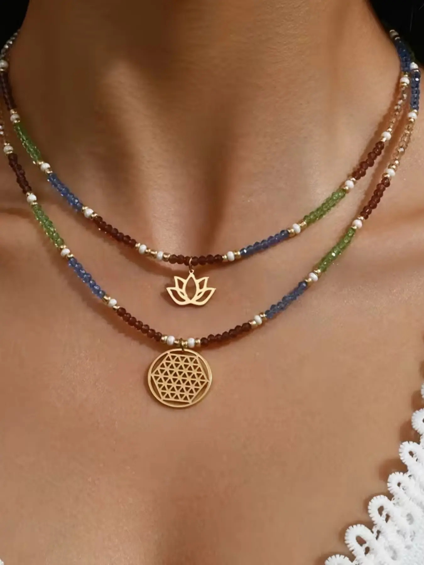 2pcs Pendant Necklaces, Bohemian Faux Crystal Bead Lotus Pendant, Double Layer Necklace, Vacation Party Music Festival Daily Accessory