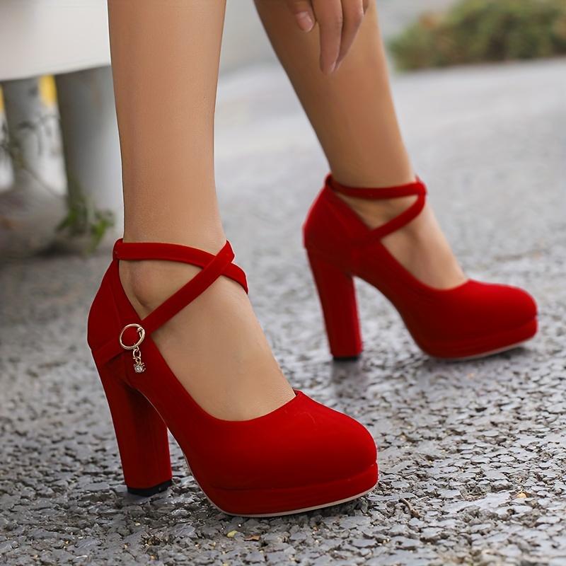Women's YYW1 Elegant Mary-Jane Block Heels - Round Toe, Breathable Man-Made Fabr., Rubber Sole, All-Season European-American Style Pumps for Wedding Wear, Work Wear (Black, Red), All Seasons