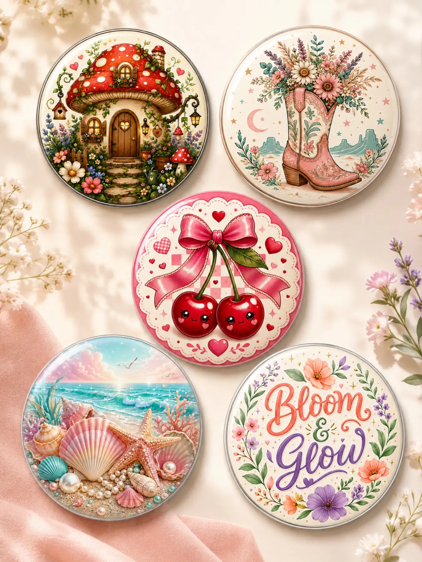 5-Pack 1.45 Inch Cute Aesthetic Button Pins, Floral Mushroom Cottage, Cowgirl Boot, Cherry & Seashell Badge Set for Jackets, Backpacks, Totes, Gifts