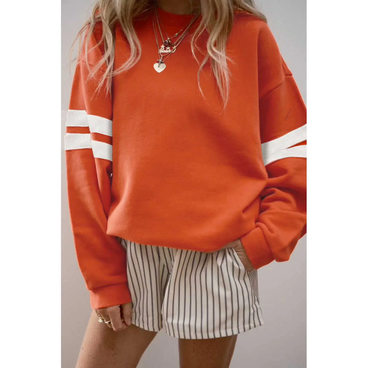 Women's Orange Varsity Striped Detail Drop-Shoulder Oversized Cotton Fabric Pullover Sweatshirt, Casual Fit Top, Long Sleeve, Soft