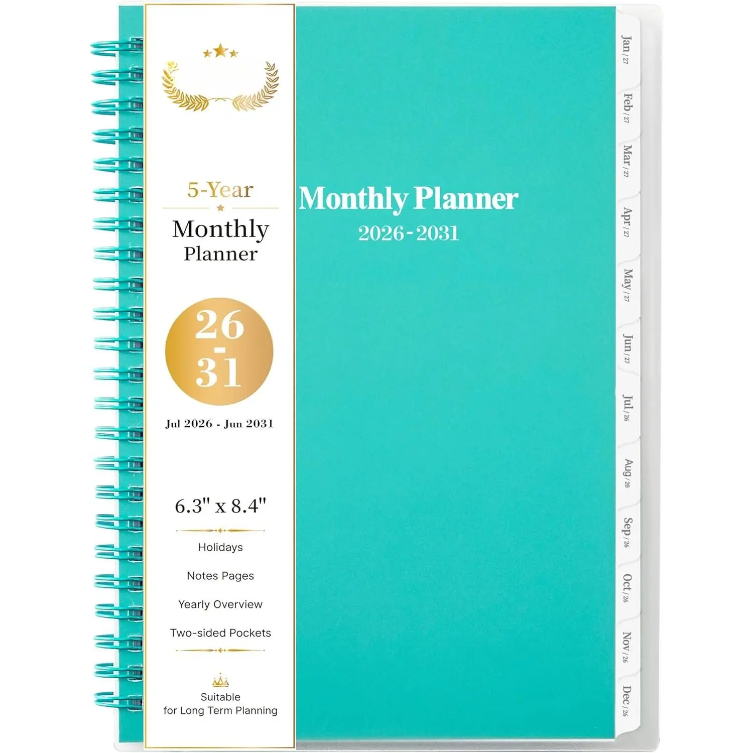 2026-2031 Monthly Planner/Calendar - Jul 2026 - Jun 2031, 5 Year Monthly Planner with Tabs, 6.4" x 8.5", 60 Monthly Planner, Two-Side Pocket, 9 Notes Pages, Suitable for Long-Term Planning - Green