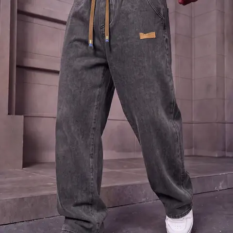 Men's Loose Straight-Leg Jeans, Vintage Washed Denim with Elastic Waist and Drawstring Design, Y2K Streetwear