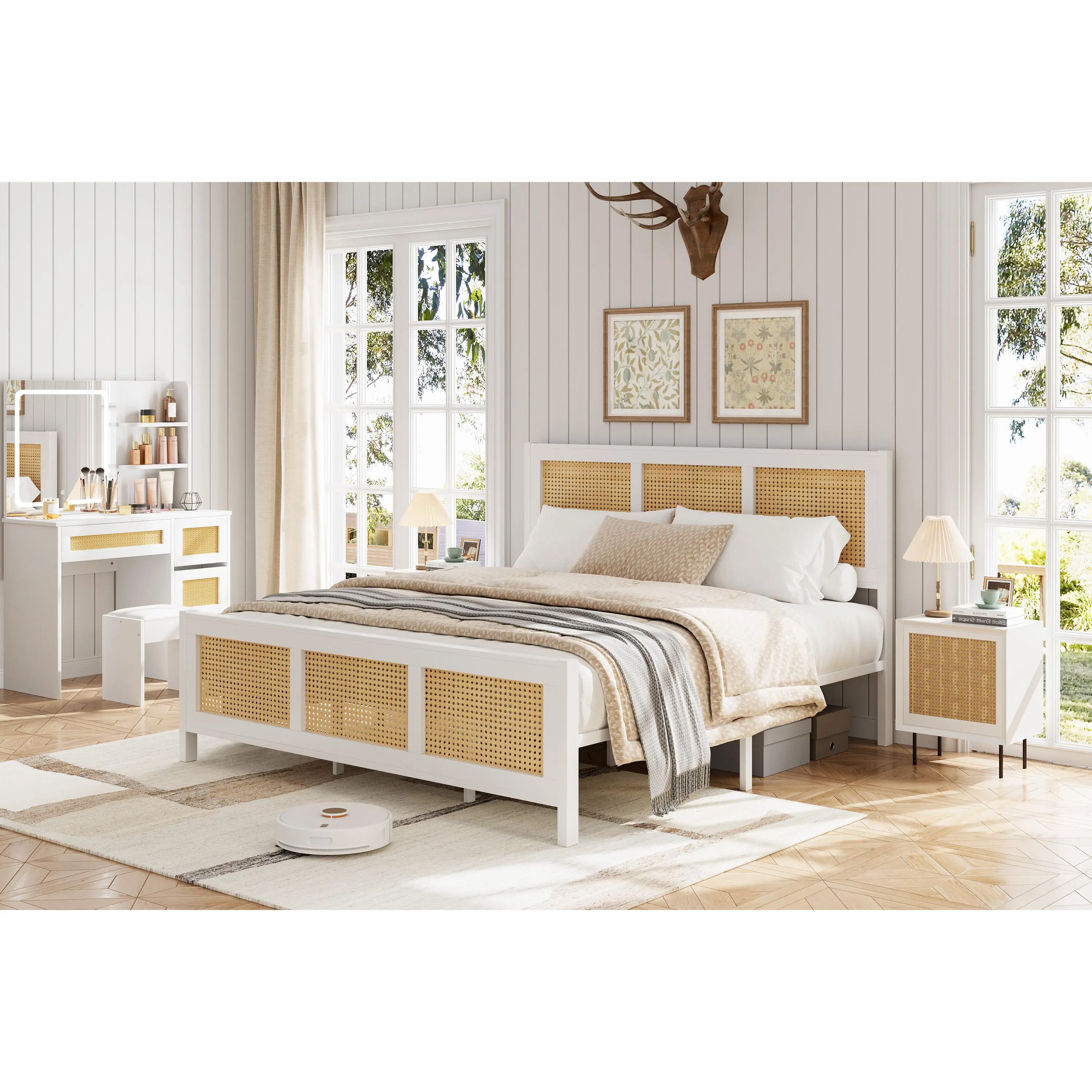 Boho Rattan Platform Bed with Metal Slats – Artistic Headboard, Noise-Free, No Box Spring – Full/Queen/King, Easy Assembly – Eco-Friendly Modern Design