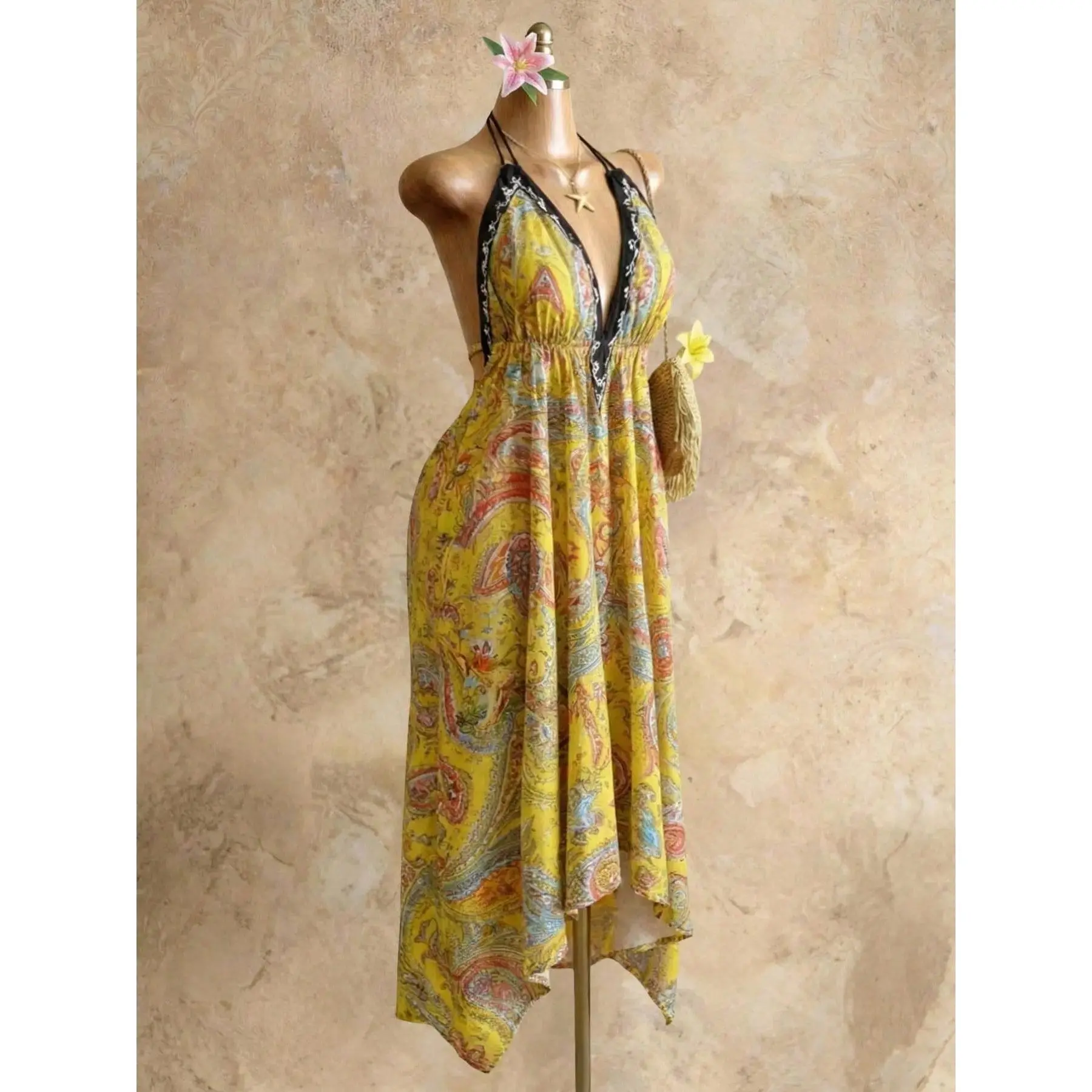 Women's Summer Boho Chic Print Halter Long Dress, Deep V Backless Waist Cinch Sexy Dress, Perfect for Beach Vacation, Date, Daily Wear, Hiking