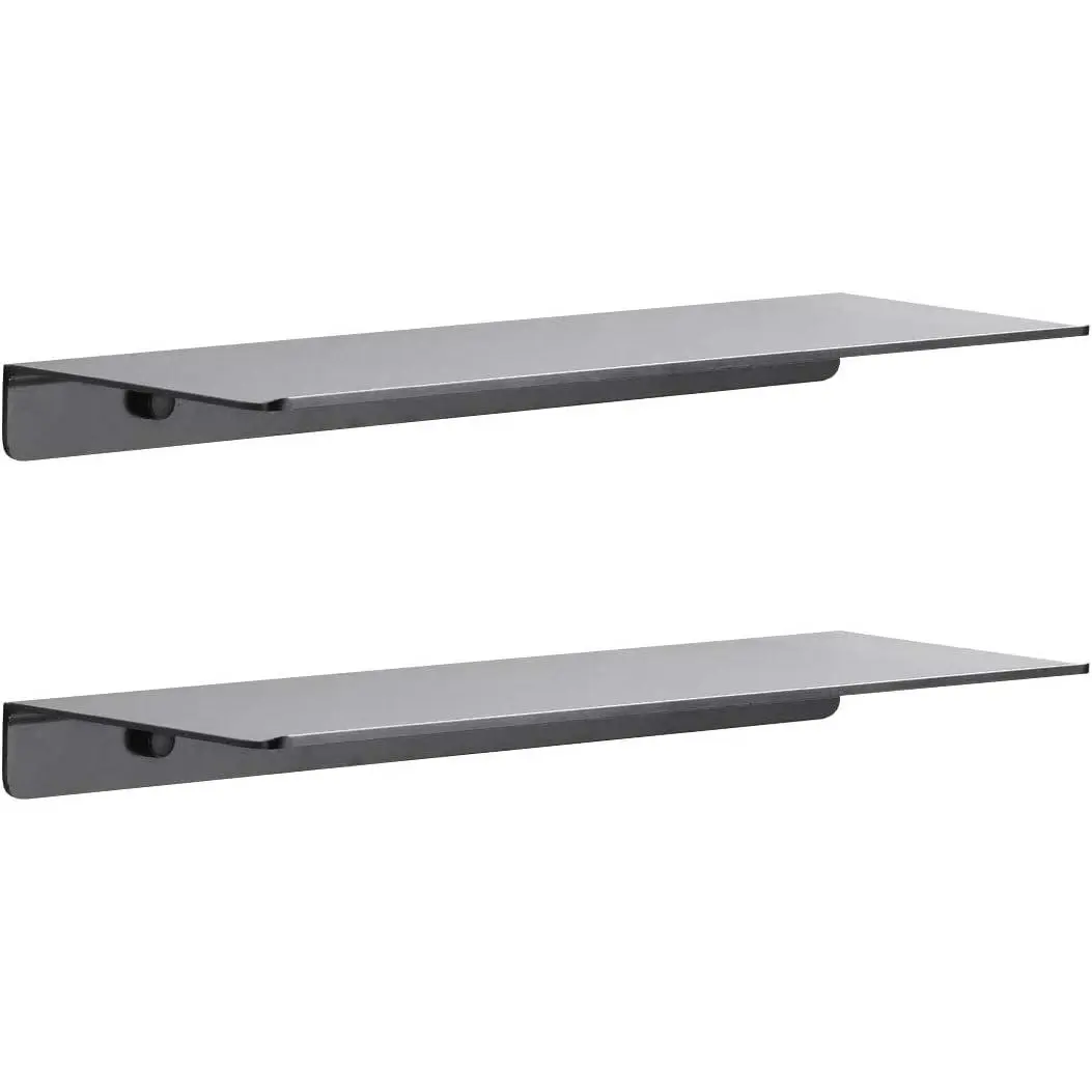 2-Pack 16-Inch Black Aluminium Floating Shelves - Heavy-Duty Wall-Mounted Home Decor Shelves for Living Room, Kitchen - Easy Installation Compatible with Bedroom, Bathroom, Small Space Decor, Modern Floating Shelves