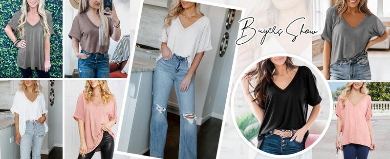 Imily Bela Women's Oversized T Shirts V Neck Short Sleeve Summer Casual Loose Tops Tees Tshirt Elastic Basic Womenswear