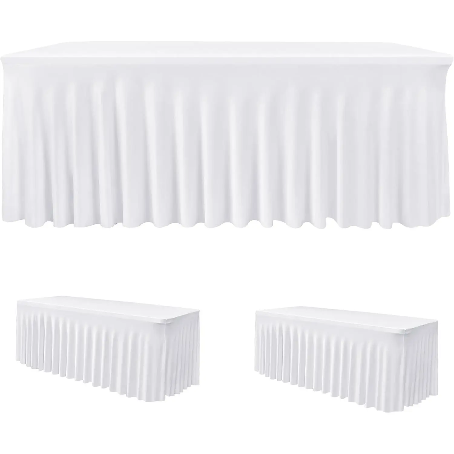HolidayIdeas 2 Pack Spandex Table Skirt for 6 Ft Rectangle Tables, White Fitted Stretch Tablecloth 30 x 72 Inch, Wrinkle Resistant Ruffle Design for Wedding Banquets, Baby Showers, Parties