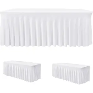 HolidayIdeas 2 Pack Spandex Table Skirt for 6 Ft Rectangle Tables, White Fitted Stretch Tablecloth 30 x 72 Inch, Wrinkle Resistant Ruffle Design for Wedding Banquets, Baby Showers, Parties