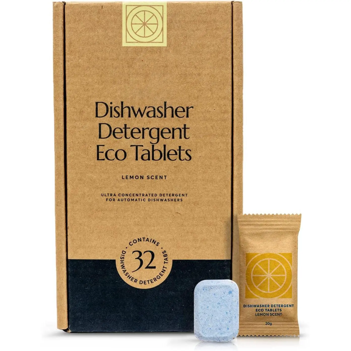 Household Eco-Friendly Compact Solid Dishwasher Tablet Cleaner Pods, 32-Count (Pack of 1), Individually Wrapped Synthetic Detergent with No Harsh Ingredients