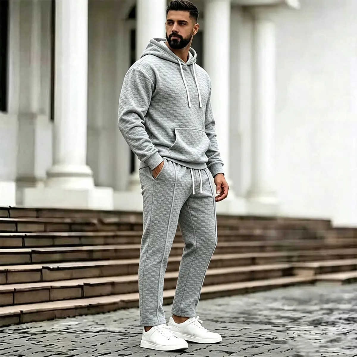 Male 2-Piece Grid Textured Hoodie Tracksuit Set - Long Sleeve Pullover Hooded Sweatshirt, Drawstring Straight Leg Pants, Solid Grey, Fitted Cut Polyester Blend, Machine Wash Daily Wear Casual Street Sport Outfit for Men, Two-Pieces