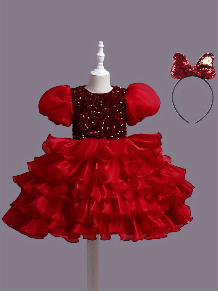 Girls Sparkling Sequin Princess Dress Puff Sleeves Halloween Christmas Dance Performances Formal Dresses for Youngsters Stage Performance Skirt with Positioning Holes