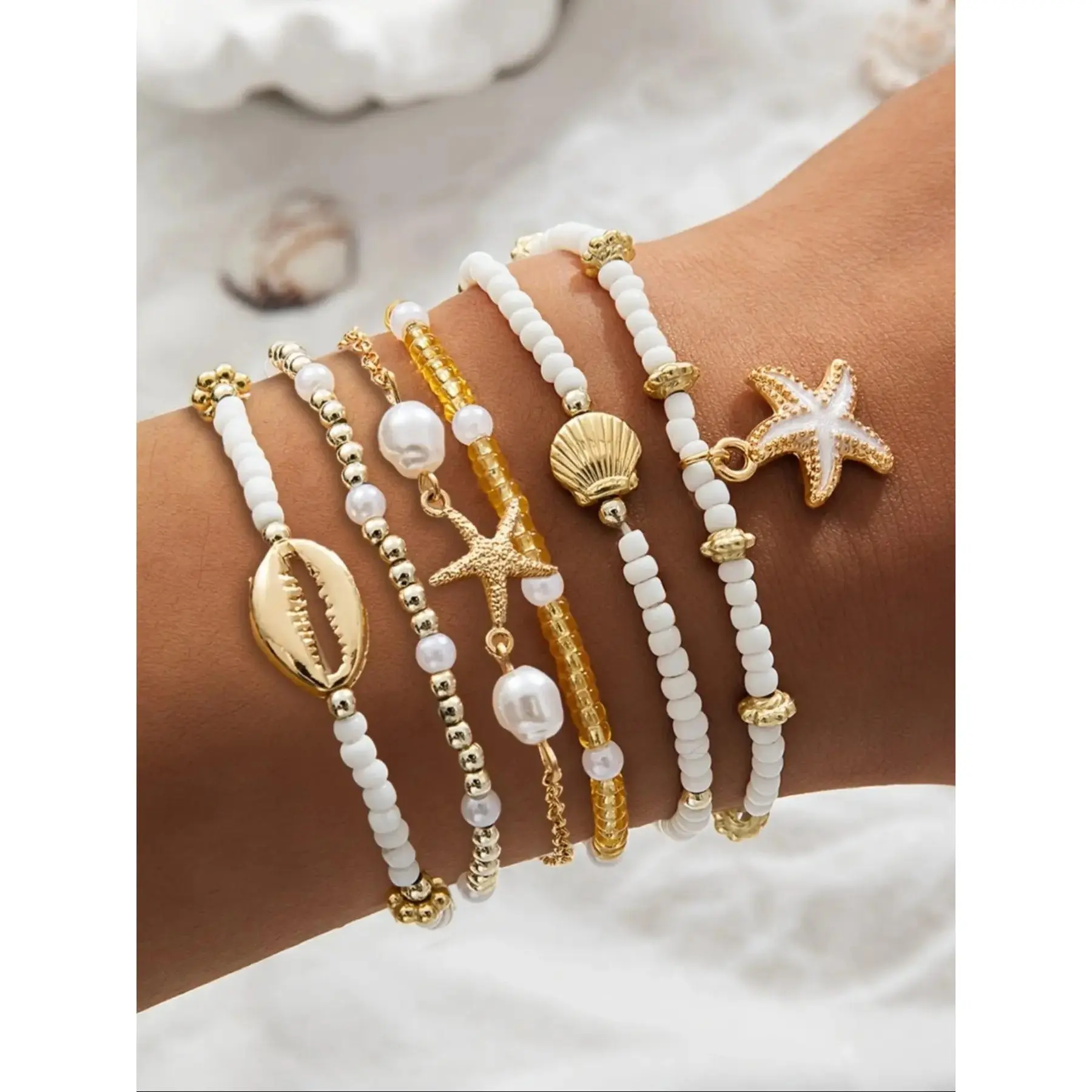 Vintage Shell Beaded Mix Bracelets Set, 6 Pcs Multi-Layer Oil Drop Starfish Jewelry Boho Style Bangles for Casual Vacation Wear
