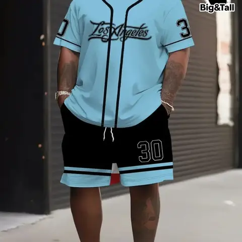 Men's 3D Letter Number Print Casual Outfits Set, Comfy Summer Sets, Large Size Round Neck Short Sleeve T-Shirt & Drawstring Shorts, Summer Vacation Workout Wear, Menswear, Clothes
