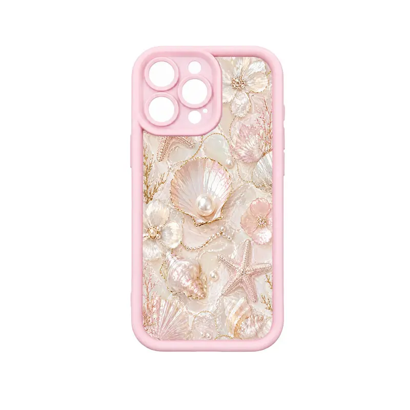Seashell Pearl Starfish Phone Case, Coastal Mermaidcore Clear Bumper Case with Ocean Shell Coral and Soft Pink Beach Art for iPhone 17 16 15 14 13 12 11 X Plus Pro Max, Shockproof Gift for Women