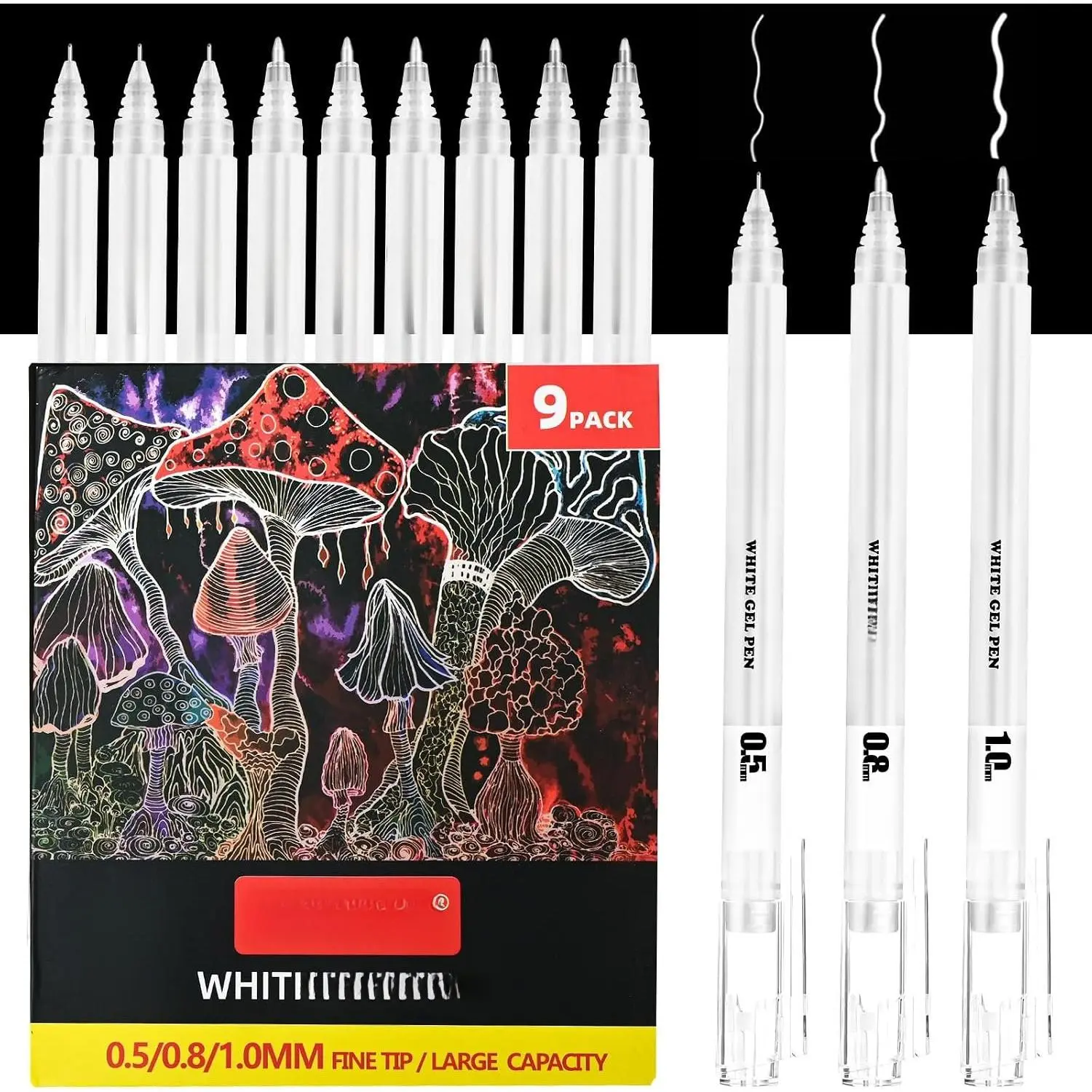 White Gel Pens, 05/08/10mm Opaque Ink Pen for Black Paper, 9 Pack | White Pens Set, Fine Point Opaque White Archival Ink Pen, for Black Paper Drawing, Journaling, Drawing, DIY Crafts