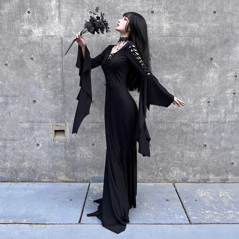 Medieval Gothic Long Sleeve Witch Dress Bat Vampire Outfit Retro European Halloween Cosplay Costume