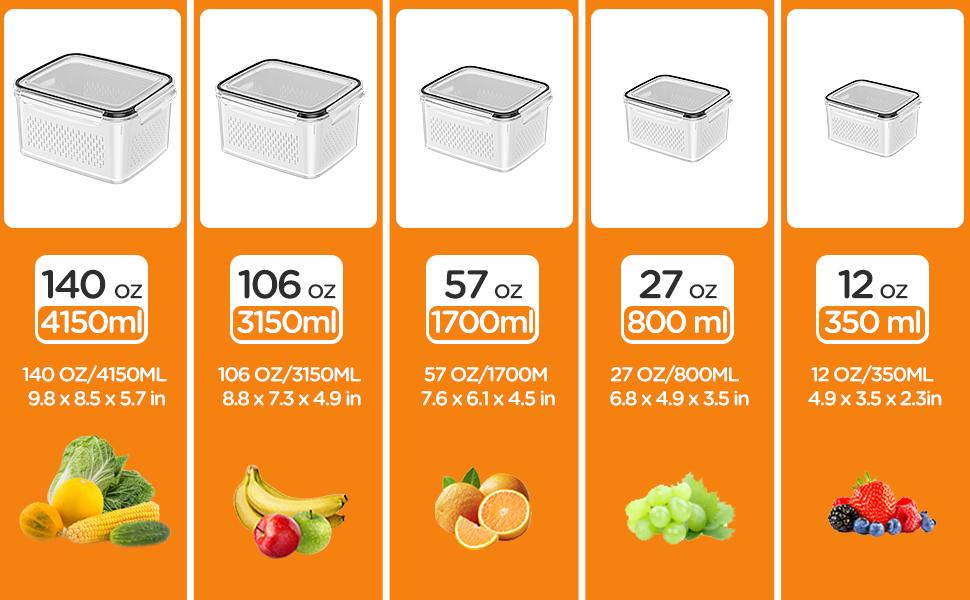 5 Pack Fridge Organizers and Storage - Stackable Fruit Storage Containers for Fridge with Removable Colander, BPA-Free Food Storage Container for Salad Berry Lettuce Vegetables Meat Keeper Fresh