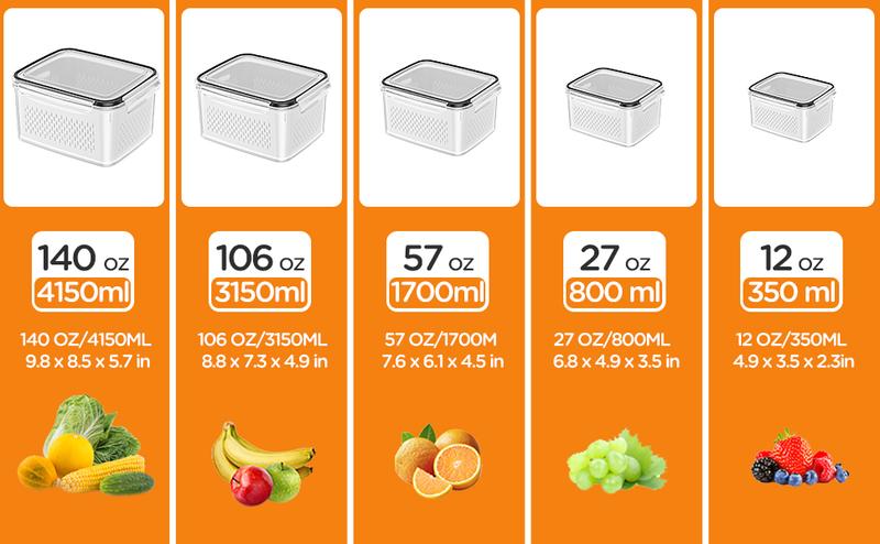 5 Pack Fridge Organizers and Storage - Stackable Fruit Storage Containers for Fridge with Removable Colander, BPA-Free Food Storage Container for Salad Berry Lettuce Vegetables Meat Keeper Fresh