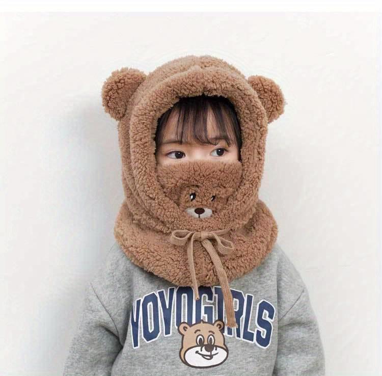 Year-end Sale Anime Bear Plush Hat 3-in-1 Scarf & Mask Fleece-lined Warm Earmuffs Soft Double-layer Design Elastic Drawstring Closure 100% Polyester Lightweight Breathable Unisex Autumn Winter Wear Hand Wash Recommended