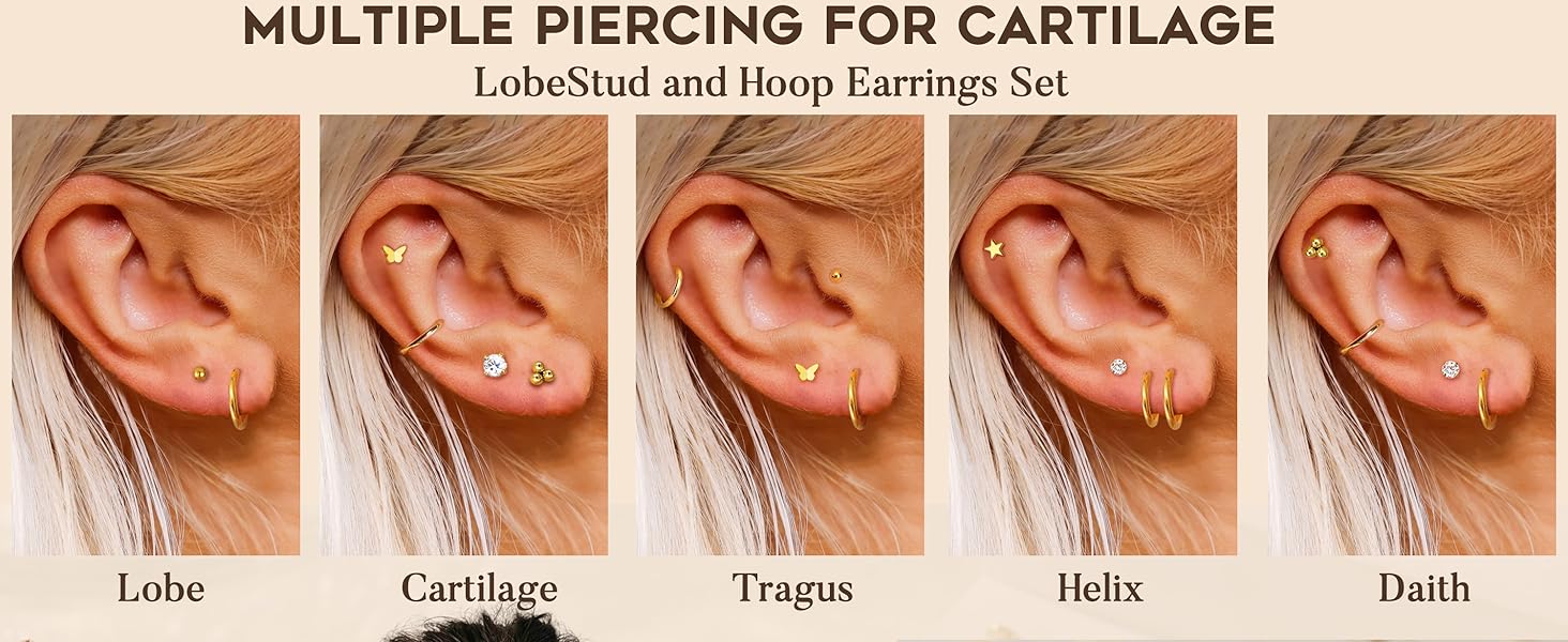 Exquisite Small Flat Back Earrings,Push in Stud Earrings for Women Men,Hypoallergenic 14K Gold Plated Surgical Stainless Steel Threadless Earring,Flatback Stud Hoop Cartilage Earring Set for Multiple Piercing