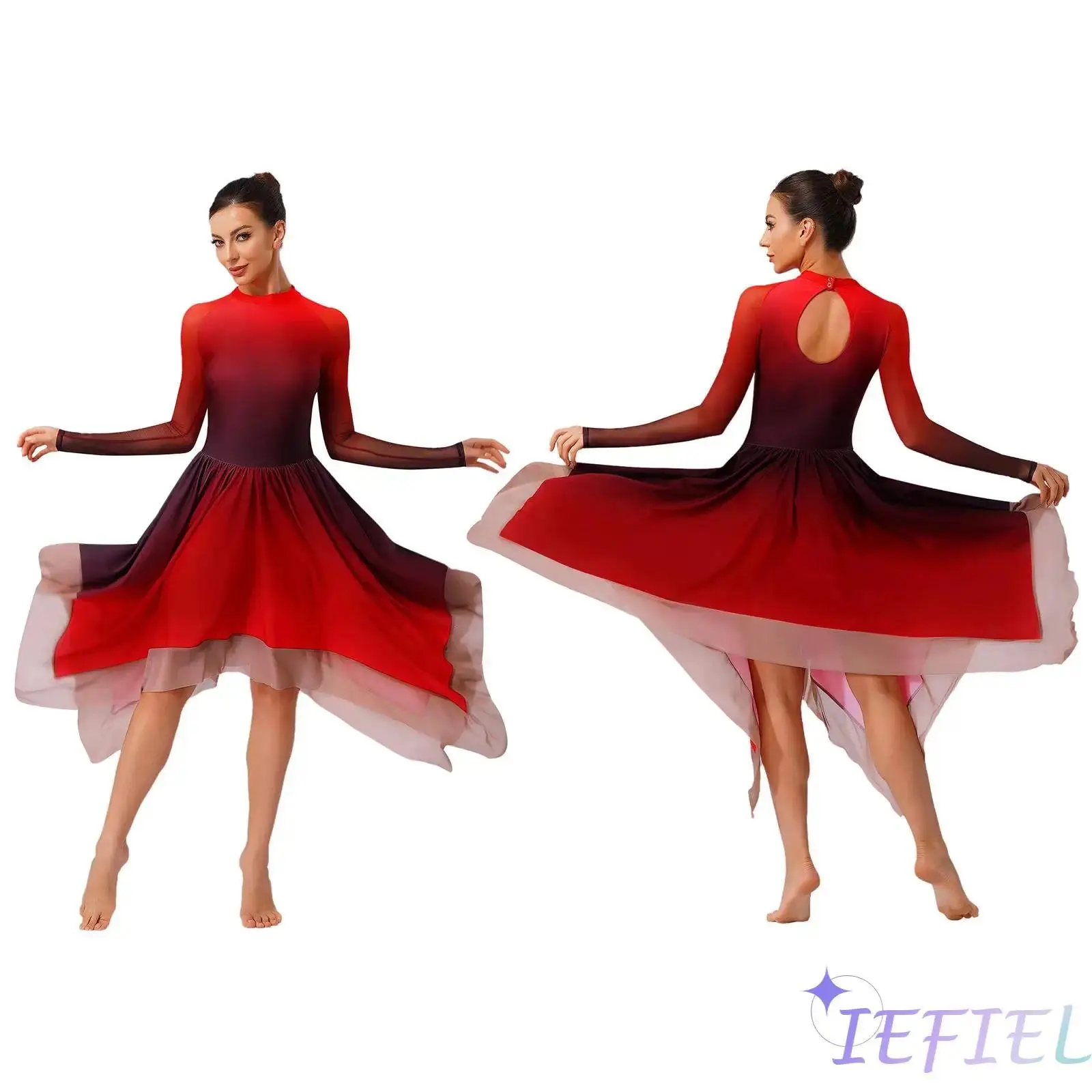 Womens Elegant Gymnastic Modern Dance Performance Dress Mesh Long Sleeve Irregular Hem Ballet Leotard Dress Lyrical Dancewear
