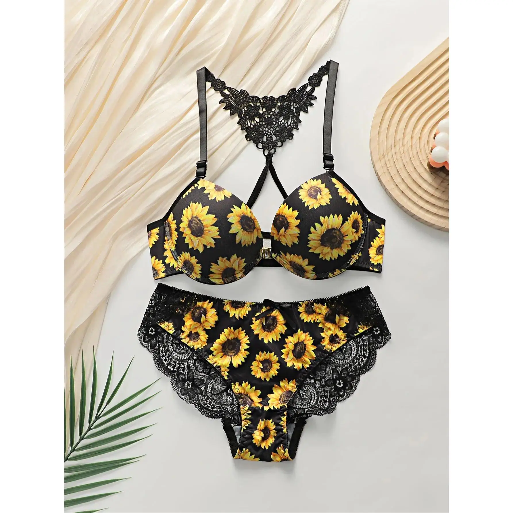 Women's sexy lingerie set with front buckle chrysanthemum pattern and steel ring gathering push up underwear set A3116