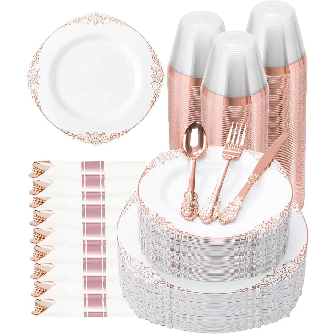 350 count Rose  Plastic Dinnerware Set for 50 Guests,Fancy Disposable Plates,Include: 100 Rose  Rim Plastic Plates,150 Silverwares,50 Pre Rolled Napkins,50 Cups for Party,Wedding