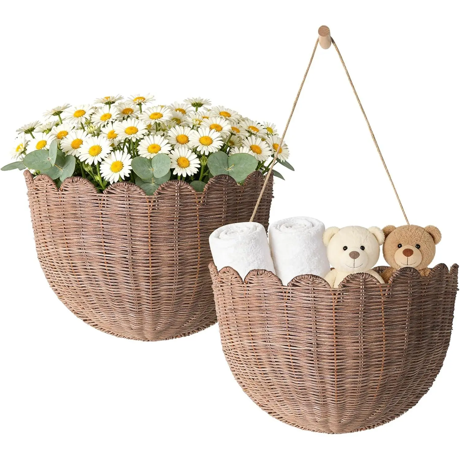 Natural Handwoven Scalloped Wall Basket Set of 2, Premium Rattan Wicker Wall Hanging Organizer for Boho Home Decor, Decorative Wall Storage for Bathroom, Entryway, Living Room & Craft Room