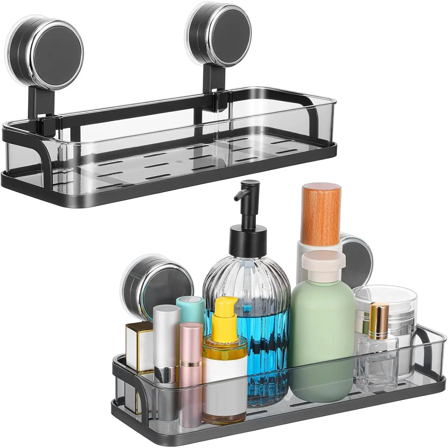2 Pack Shower Caddy Suction Cup, Detachable Bathroom Organizer Wall Mounted, Rustproof Plastic & Metal Shelves, No Drilling Large Capacity Removable Rack for Shower Storage (Transparent Gray)