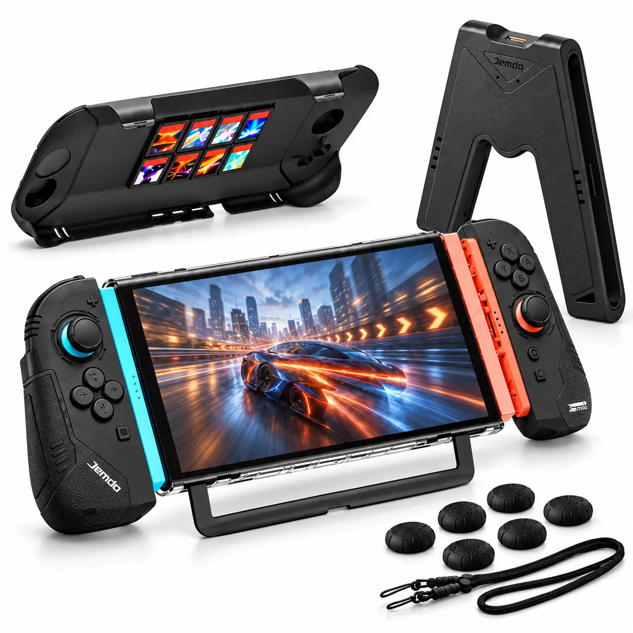 Jemdo Switch 2 Custom Bundle Gaming Accessories Kit - PC+TPU Shockproof Case, Native Kickstand Cutout, Dock-Compatible Design, Ergonomic V-Grip, Low-Latency USB Capture Card, Silicone Thumb Grips, EVA Carry Case for Console & Smartphone