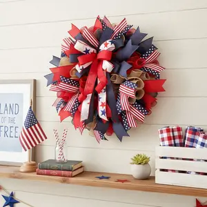 250th Anniversary Patriotic Wreath Decoration, July 4th Patriotic Mesh Wreath, Blue Ribbon, Indoor Outdoor, Home Festival Decor, Summer Decor