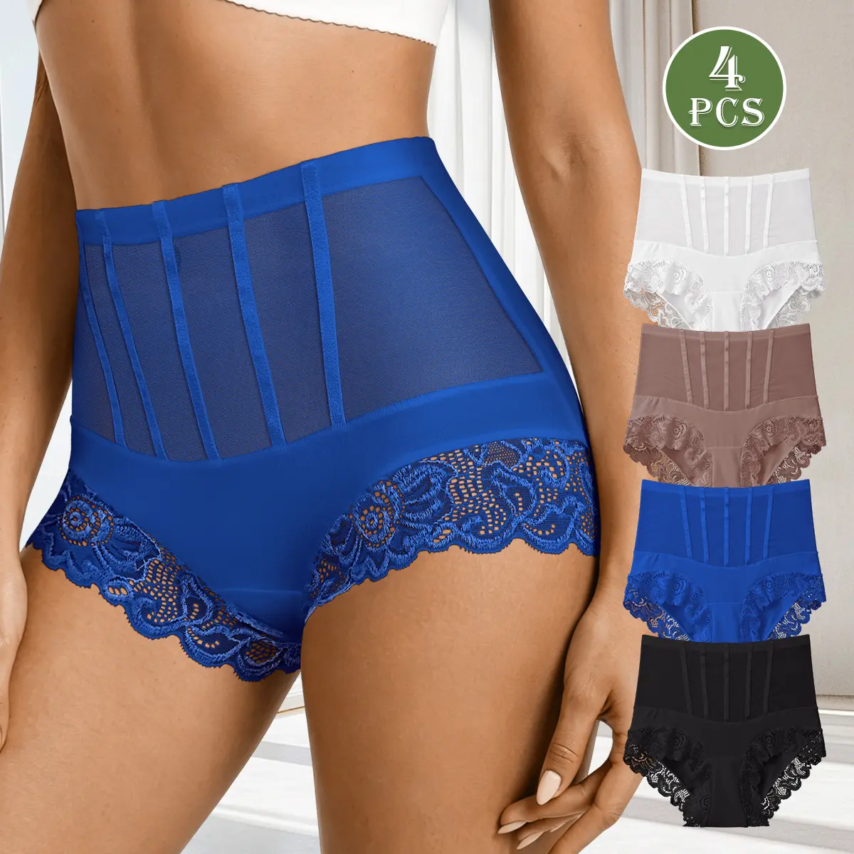 QUASTI 4-Pack Women's High Waisted Sheer Lace Panties, Tummy Control Butt Lifting Full Coverage Briefs, Soft Breathable Stretch Sexy Everyday Underwear S-XXL Fit Fabric