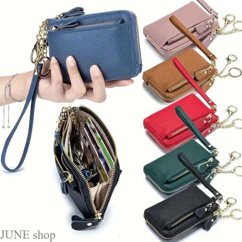 Women's Lychee Textured Zippered Card & Coin Wallet - Detachable Wrist Strap, Portable Mini Pouch for Daily Use (Sports & Outdoor Gym Accessory)