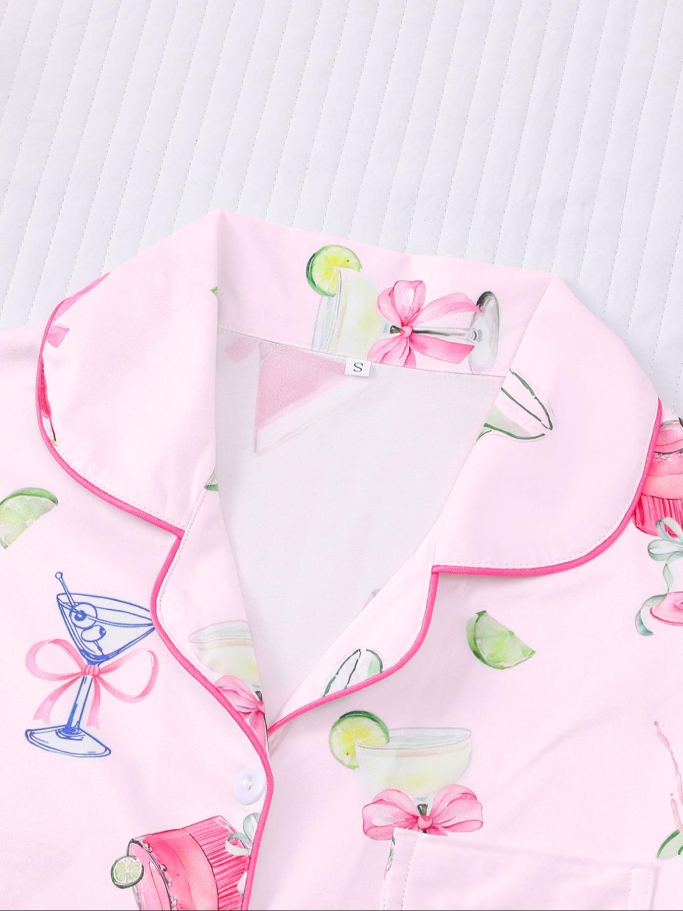 Women's All Over Cocktail Print Button Front Shirt & Elastic Waist Shorts Pyjama, Casual Comfy Short Sleeve Top & Shorts PJ Set, Ladies Sleepwear for All Seasons, Loungewear, Sleepwear Pajamas Set