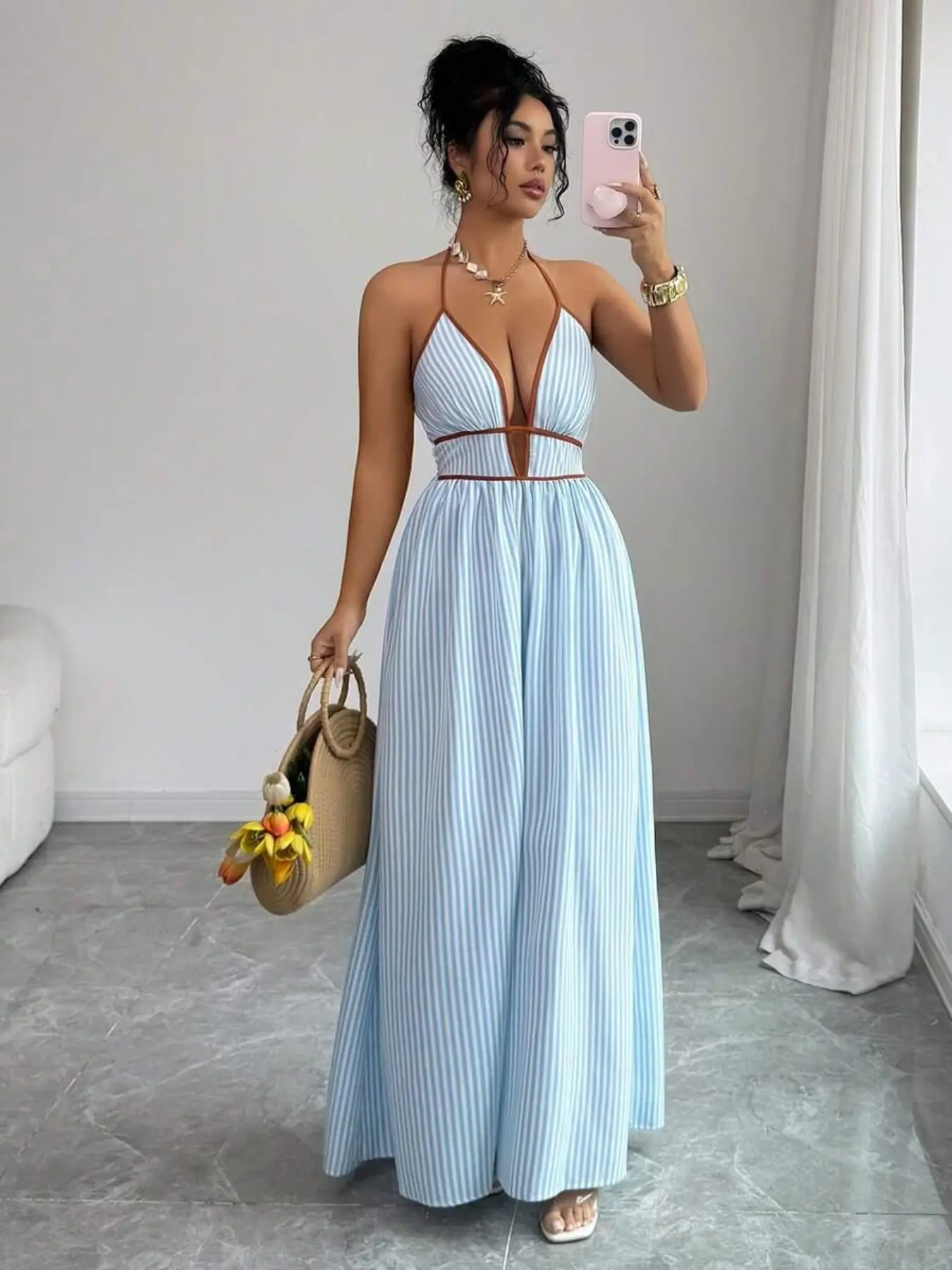Women's Striped Halter Backless Deep V Neck Elegant Summer Dress, Sexy Hollow Out Long Sleeve Beach Vacation Dress, Trendy Chic Fashion Clothing