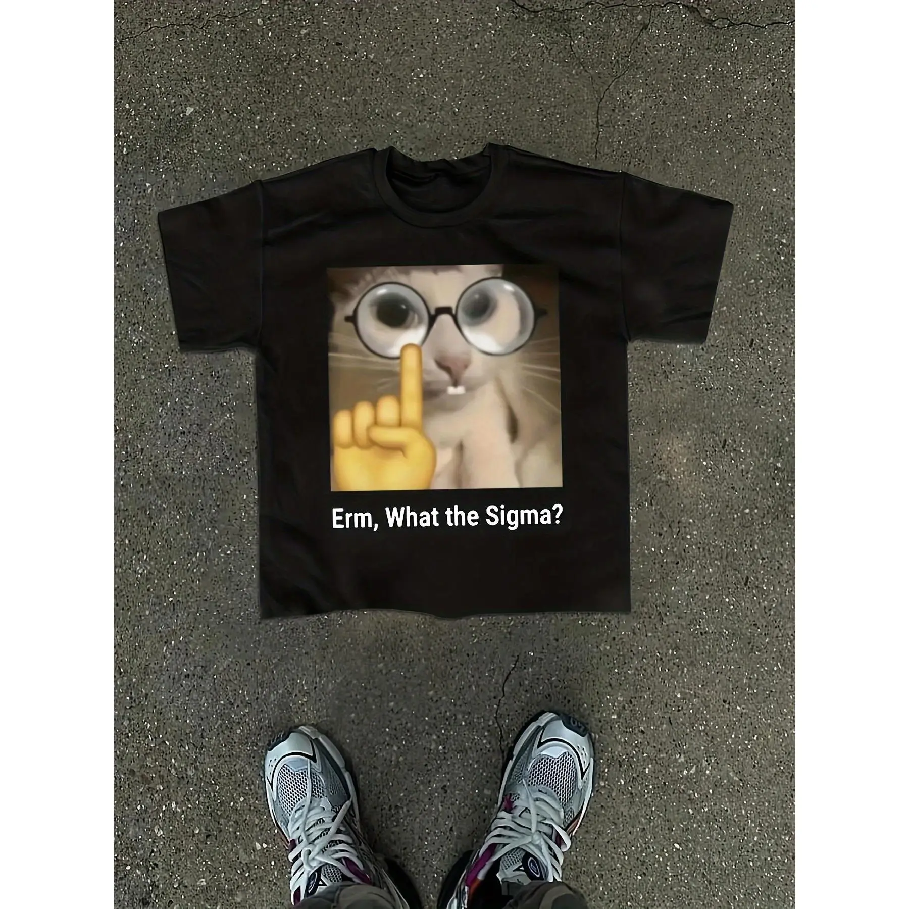 Men's Fun "Sigma" Graphic T-Shirt - Yellow Casual Crew Neck T-Shirt with Cat Illustration, Eye-Catching Casual Design, Cat Shirt