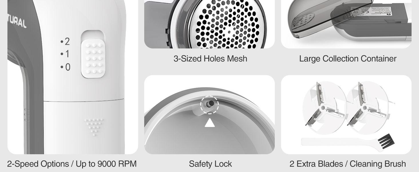 Fabric Shaver and Lint Remover, Sweater Defuzzer with 2-Speeds, 2 Replaceable Stainless Steel Blades, Battery Operated, Remove Clothes Fuzz, Lint Balls, Pills, Bobbles Gray