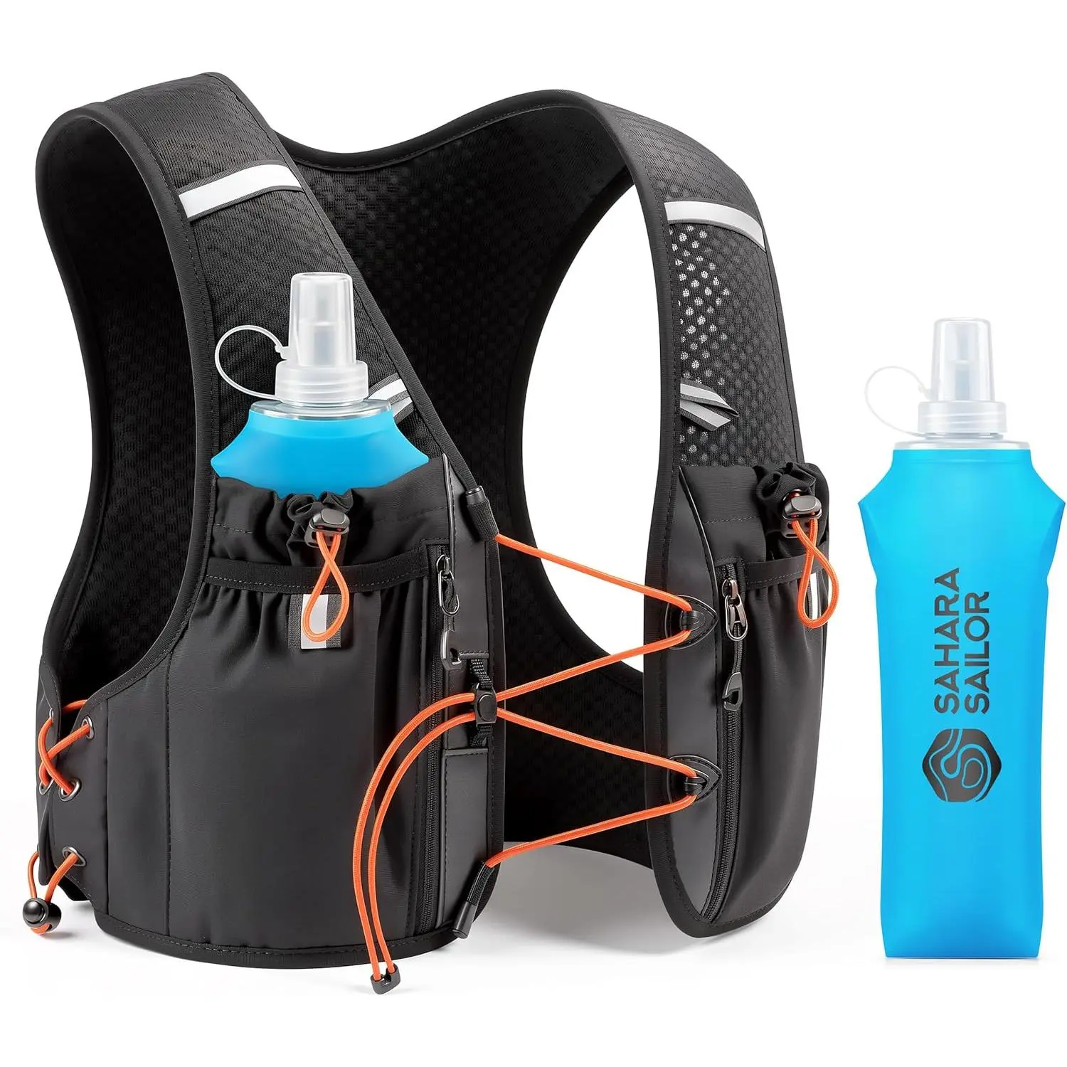 Sahara Sailor Adjustable Hydration Running Vest for Women, Men - 2PCS 500ml Soft Flasks, Adjustable Chest-Waist Fit, Multi-Pockets, Lightweight Breathable Reflective, Ideal for Trail Run, Cycling