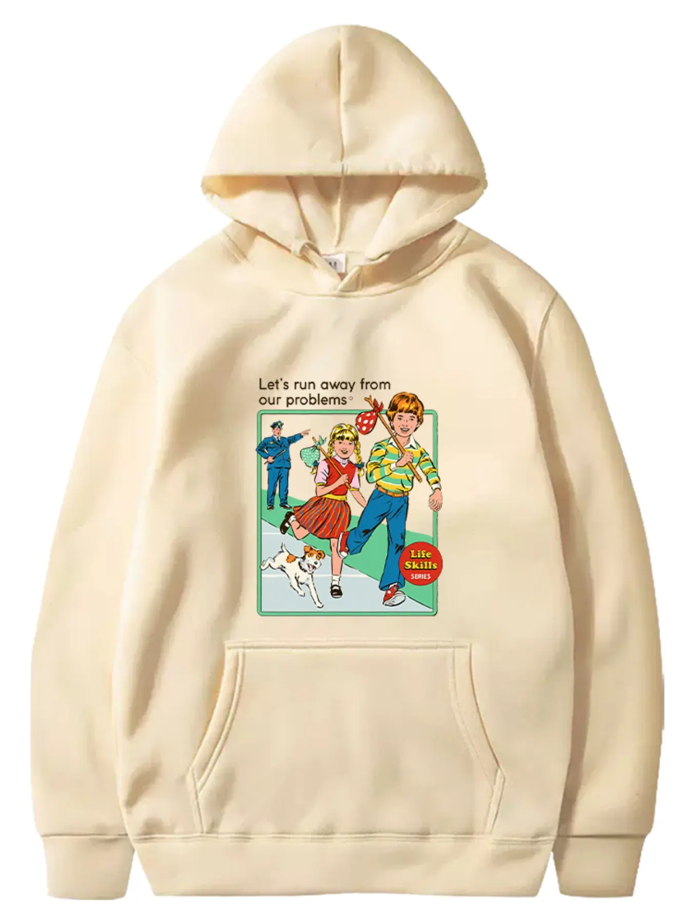 Let's run away from our problems Vintage Cartoon Style Hooded Sweatshirt, Casual Loose-Fit Long Sleeve Pullover, Fall Winter Fleece Lined Unisex Apparel