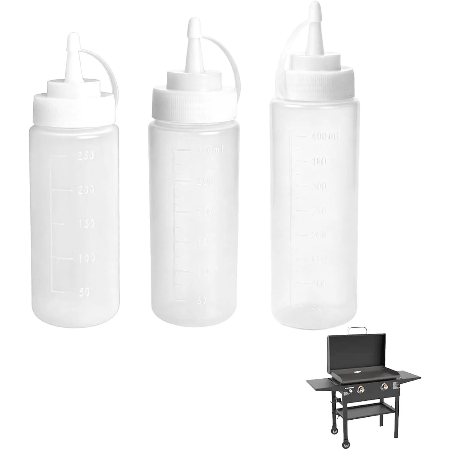 Bottles For  Grill, 3 Pack Clear Plastic Condiment Bottles with Measurement Marks, Leak-Proof Caps for Water, Oil, Sauces, BBQ Griddle Accessories