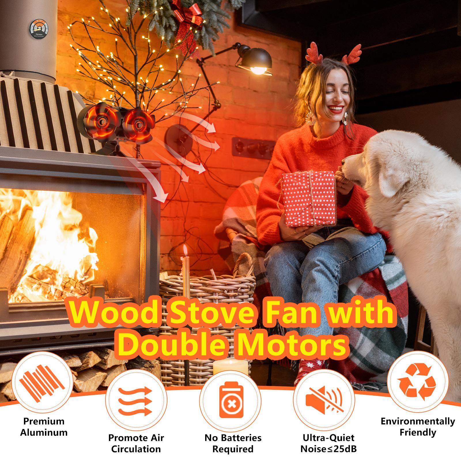 Dual-Motor Heat-Distribution Stove Fan with Thermometer, Quiet-Operating Eco-Friendly Fan for Outdoor Heating, Wood-Burning Outdoor Fireplace Accessory