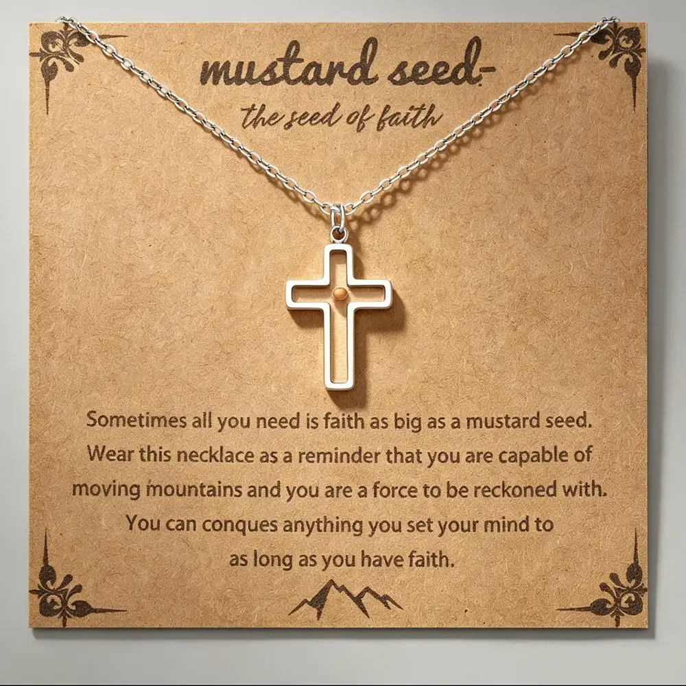 Mustard Seed Cross Necklace for Women, Silver Hollow Cross Pendant With Real Mustard Seed, Faith Christian Religious Jewelry, Inspirational Faith As Small As A Mustard Seed Gift