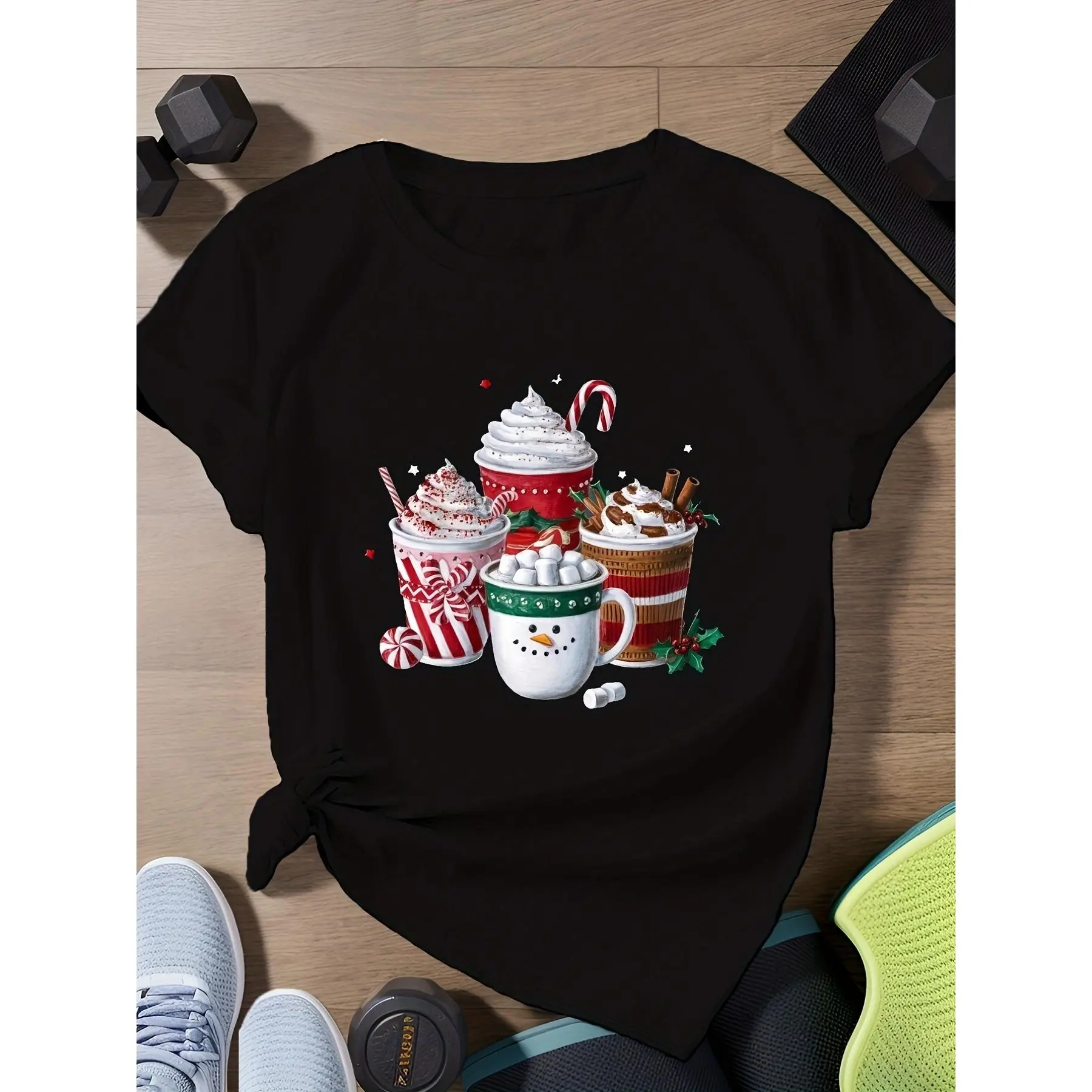 Men'S & Women'S Plus Size Funny Hot Cocoa & Marshmallow Graphic T-Shirt - Retro Christmas Coffee Cup Design with Candy Canes & Gingerbread Men - Soft Casual Short Sleeve Round Neck Tee for Holida